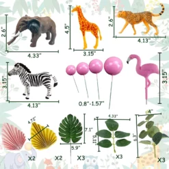 Decoratiune Tort Safari Roz cu Animale si Elemente Tropicale